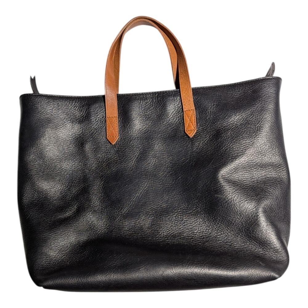 Madewell Black Brown Leather Zip Top Transport Carryall Top Handle Tote Bag